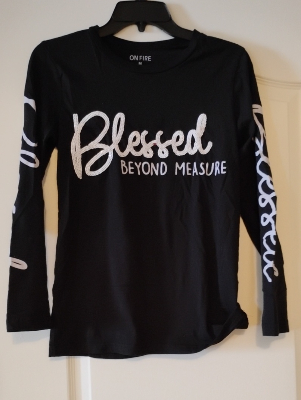 On Fire Black Long Sleeve Tee with White "Blessed Beyond Measure" Script